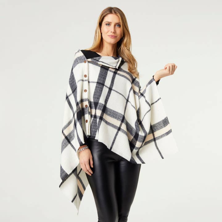 COCO + CARMEN - Wholesale Poncho - Women's - Adela Supersoft Plaid Poncho with Buttons
