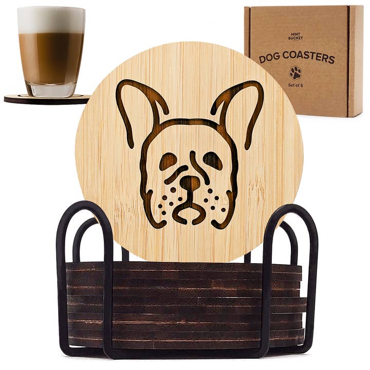 Set of 6 Bamboo Engraved Dog Coasters with Holder - Frenchie for wholesale by Rudderr, LLC/MintBucket