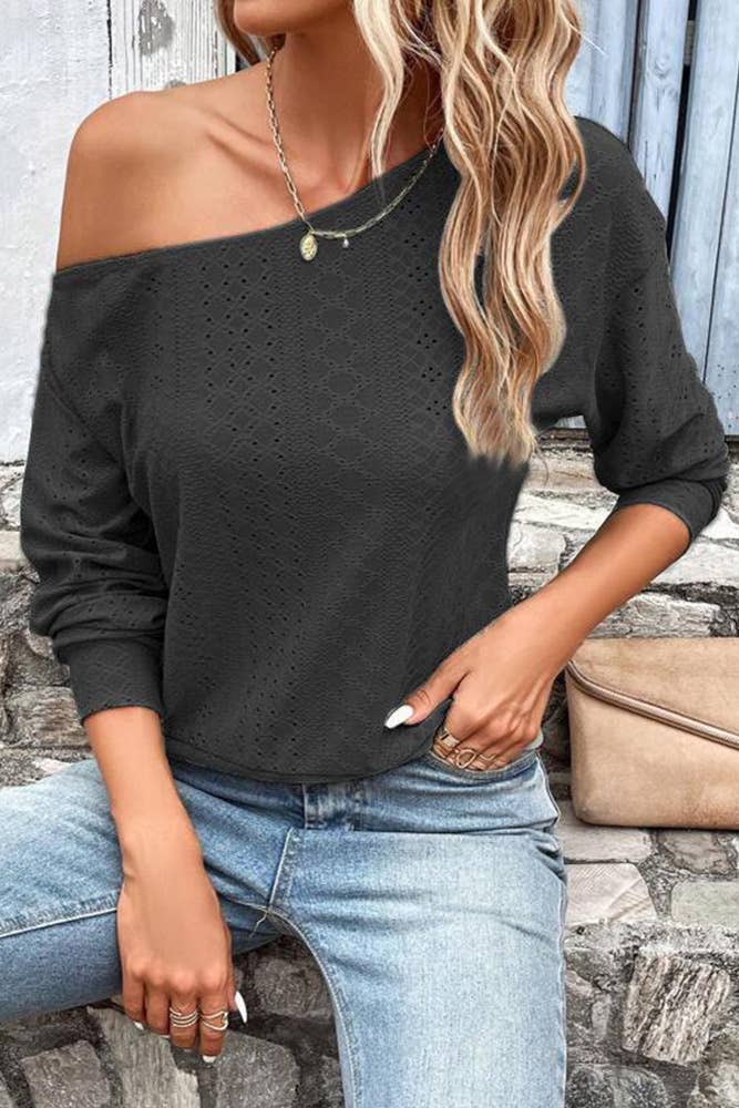 Wholesale Plain One Shoulder Jacquard Long Sleeves Top ZK198 Wholesale Plain One Shoulder Jacquard Long Sleeves Top ZK198