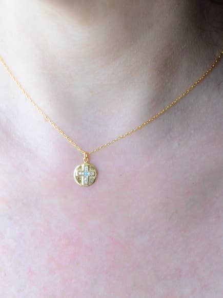 Gold cross necklace with turquoise & cubic zirconia accents for wholesale by AJS Design Studio