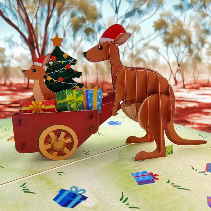 Kangaroo Christmas Delivery Pop Up Card for wholesale by Color Pop Cards
