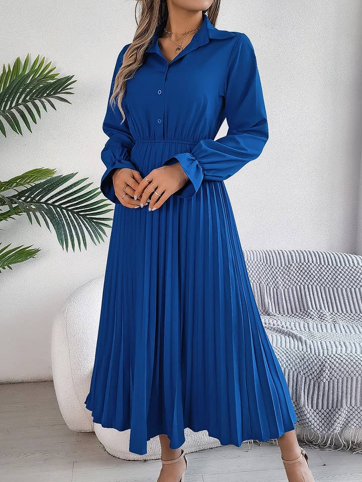 Casual Lapel Buttons Cinched Waist Pleated Maxi Dress for wholesale by Rosa Clothing
