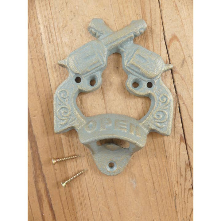 CAST IRON CROSSED PISTOLS BOTTLE OPENER - GREEN & GOLD for wholesale by Midwest Craft House
