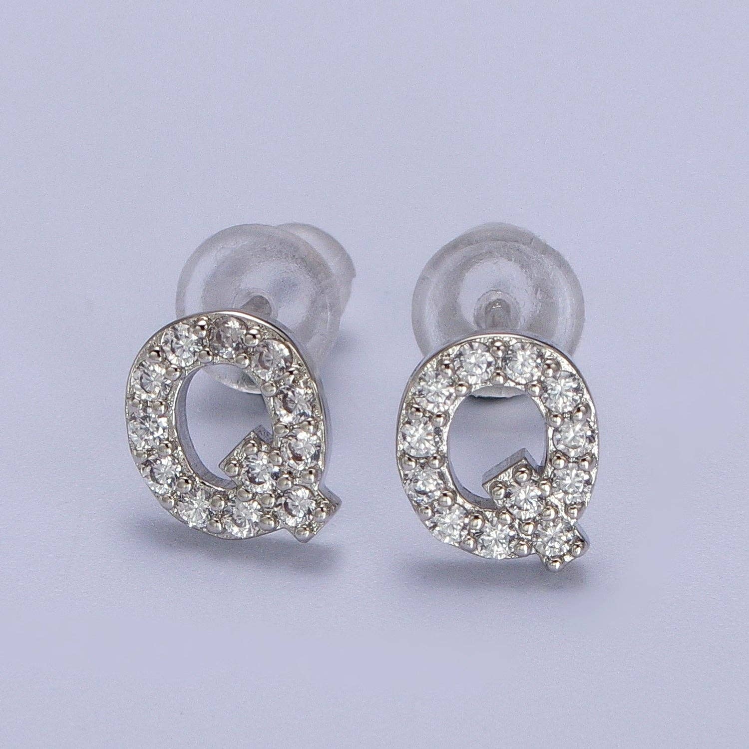 Aim Eternal - Wholesale Stud/Post Earrings - White Gold Filled Tiny Initial Letter Diamond CZ Silver Stud16