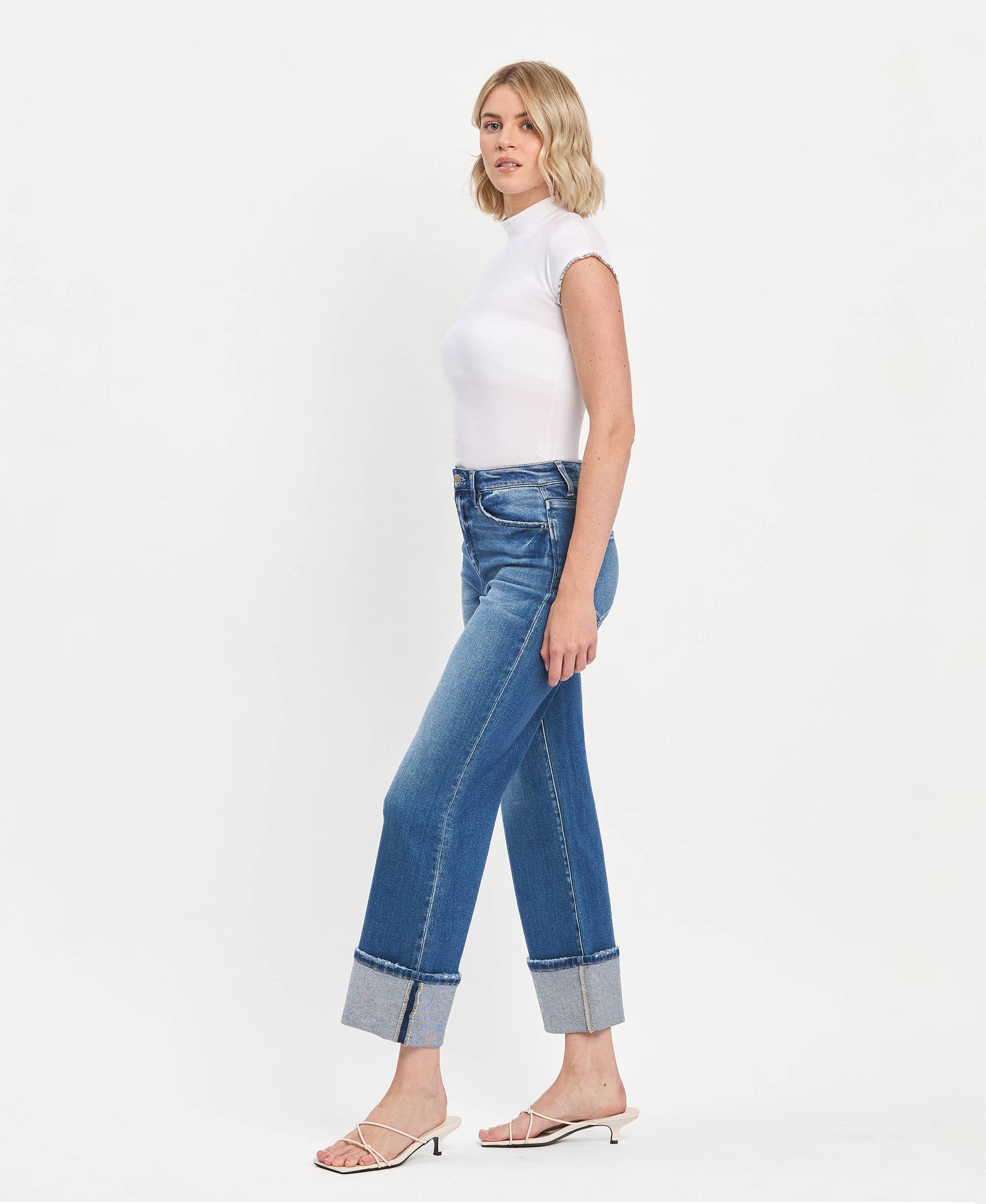 BLUE FAIRY 90'S VINTAGE SUPER HIGH RISE CUFFED FLARE JEANS F5827 for wholesale on Faire9