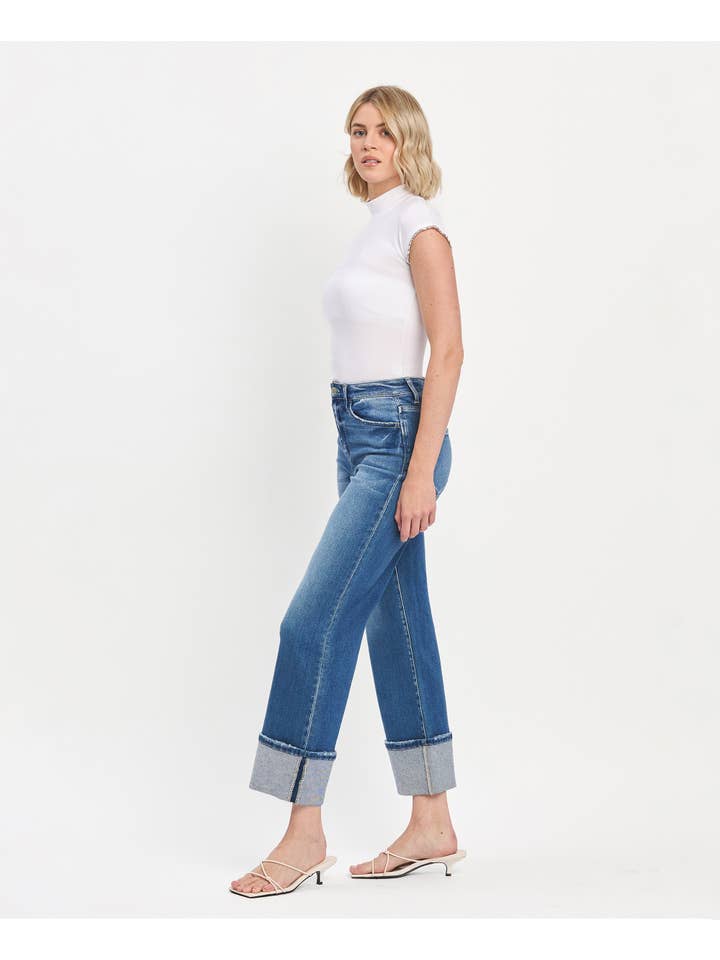 BLUE FAIRY 90'S VINTAGE SUPER HIGH RISE CUFFED FLARE JEANS F5827 for wholesale on Faire9
