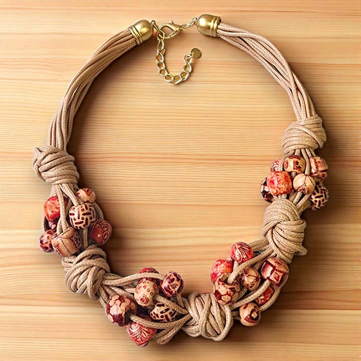 Short Beaded Chunky Knot Necklace | Leather Cord | Fall Boho for wholesale by Bijoux Envie Statement Jewelry