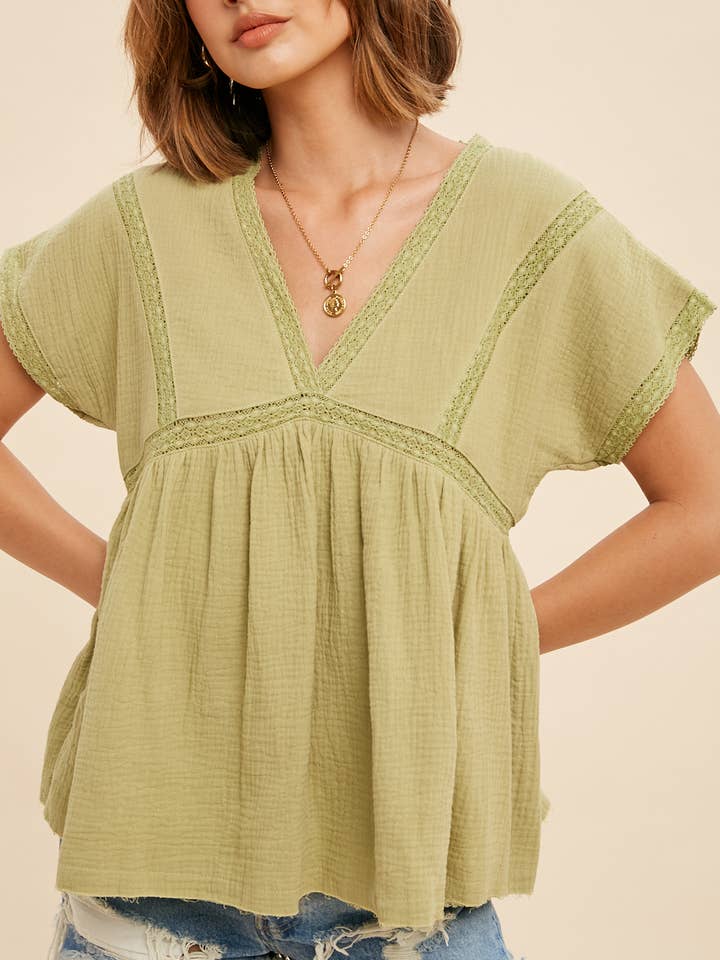 In Loom - Wholesale Blouse - Women's - COTTON MUSLIN LACE ACCENT V NECK BLOUSE