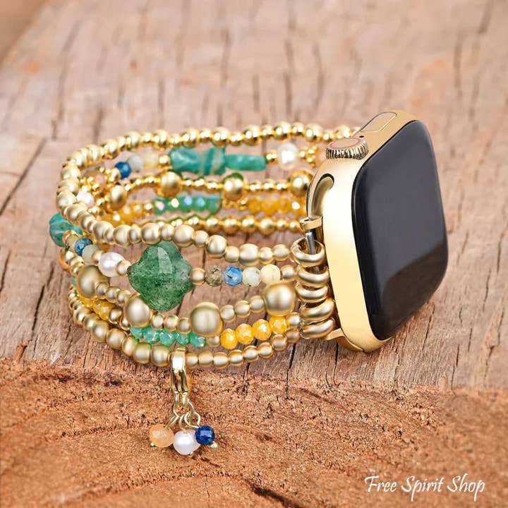 Grøn Jordbærkvarts Perlebesat Apple Watch Rem Kløver Charm for engroshandel hos Free Spirit Shop