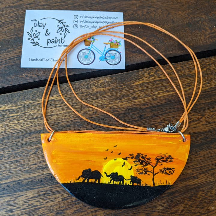 African sunset necklace, hand painted landscape necklace for wholesale by With Clay & Paint