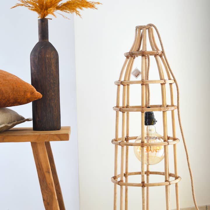 Inley cage lamp in natural rattan and fabric cord for wholesale by Pagan