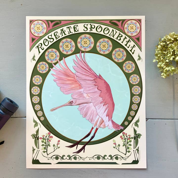 Art Nouveau Roseate Spoonbill Print for wholesale by Deerhawk Art Studio
