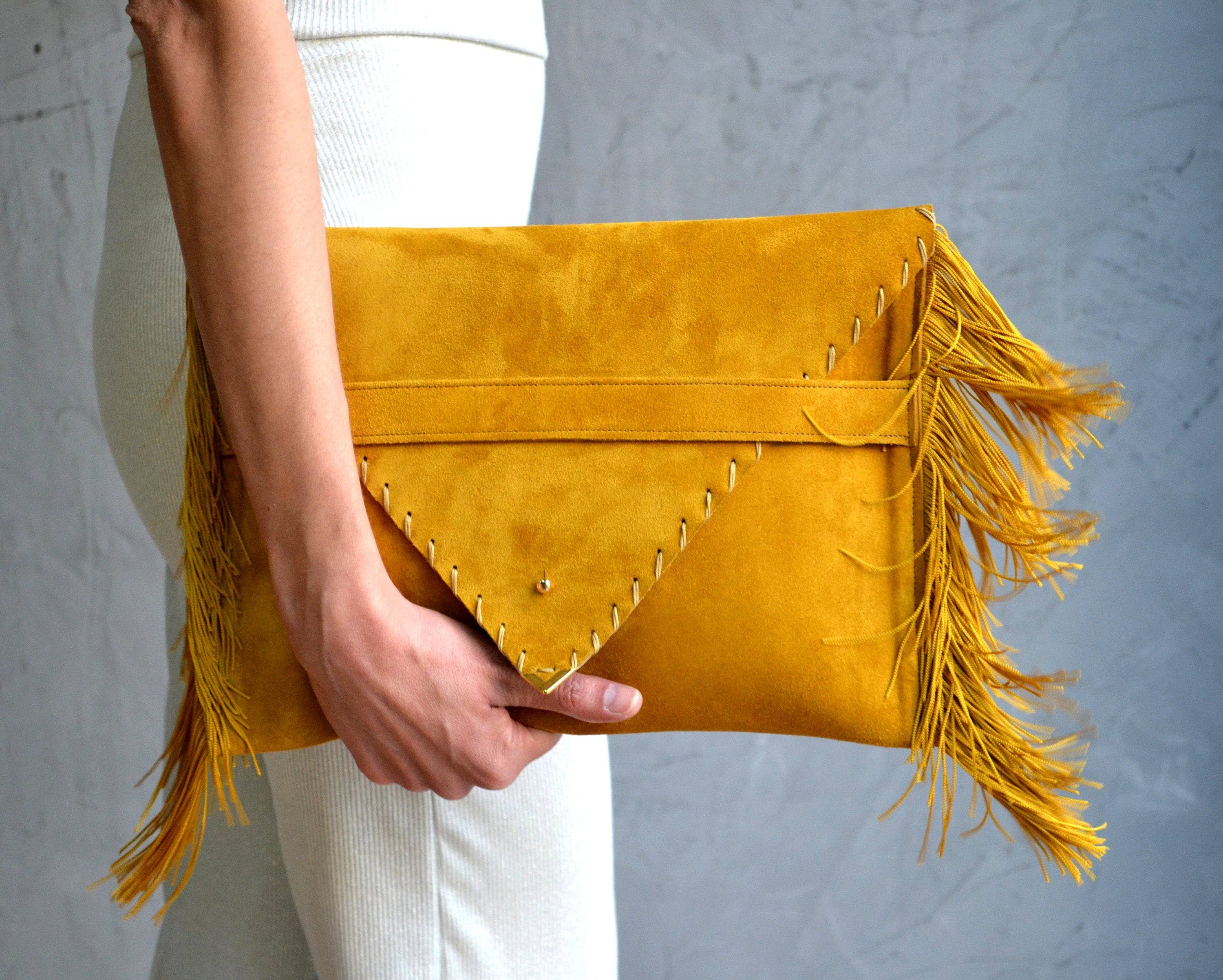 ANA KOUTSI - Wholesale Clutch Bag - Women's - Medusa Clutch in mustard with silk fringes5