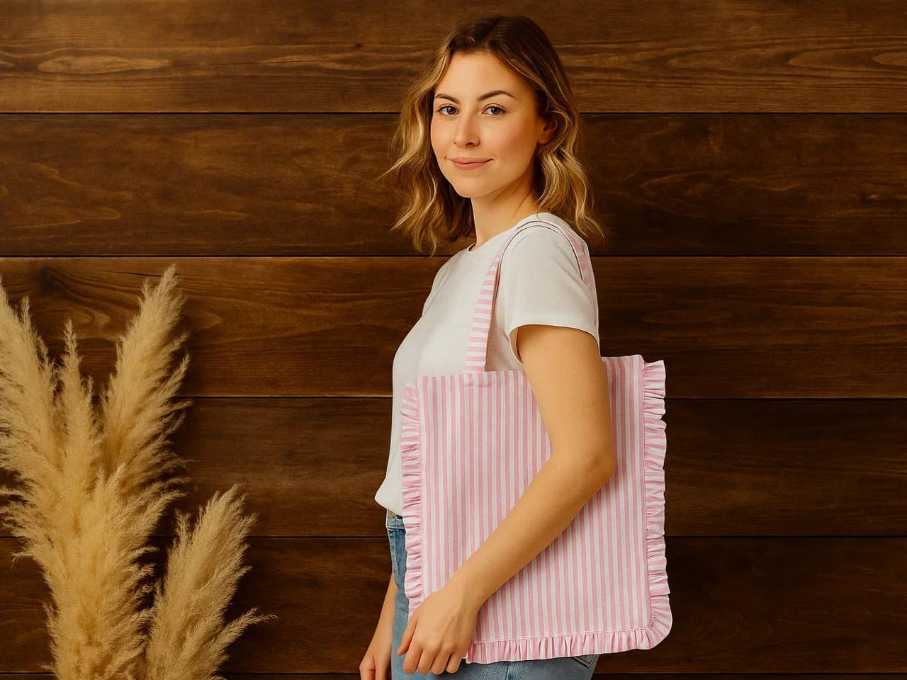 House of Kraft Jewelry & Accessories - Wholesale Tote Bag - Women's - Stripe Ruffle Tote | Canvas Tote Bag | Daily Canvas Tote4