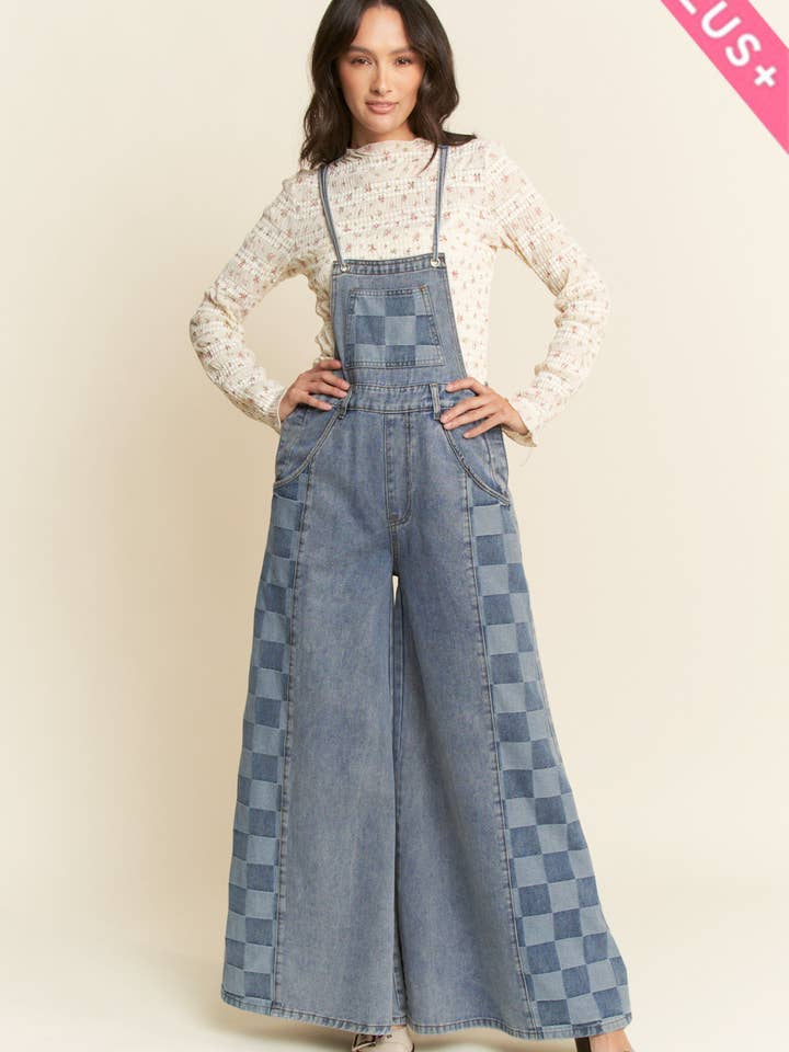 PLUS WASHED DENIM WIDE LEG OVERALL JUMPSUIT for wholesale on Faire2