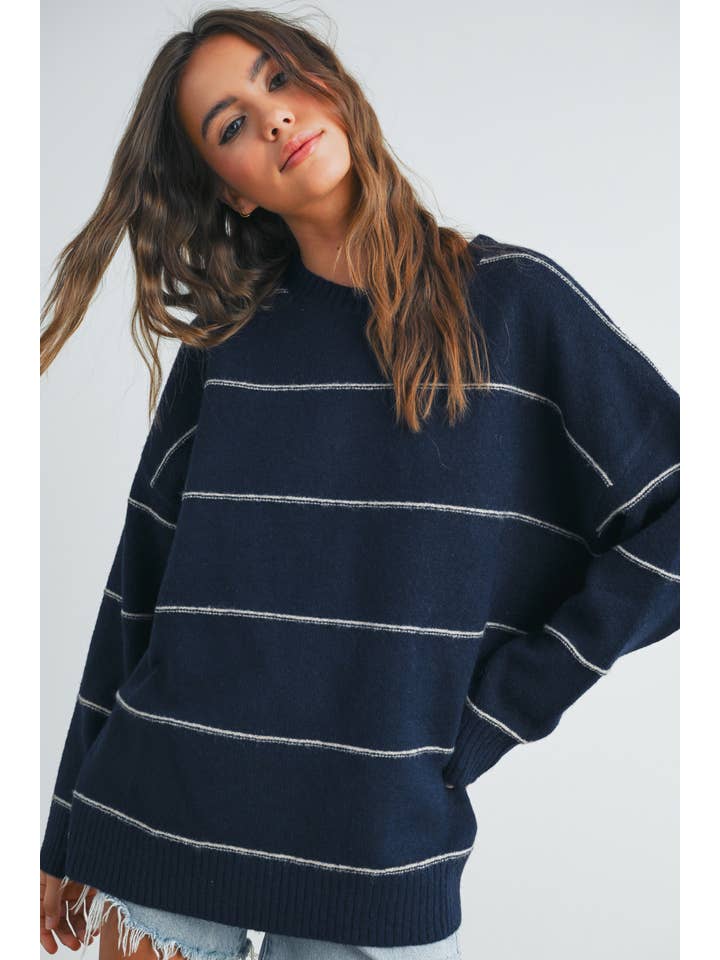 BUTTERMELON - Wholesale Knitted jumper – Women′s - Striped Pattern Drop Shoulder Sweater - BMW742130