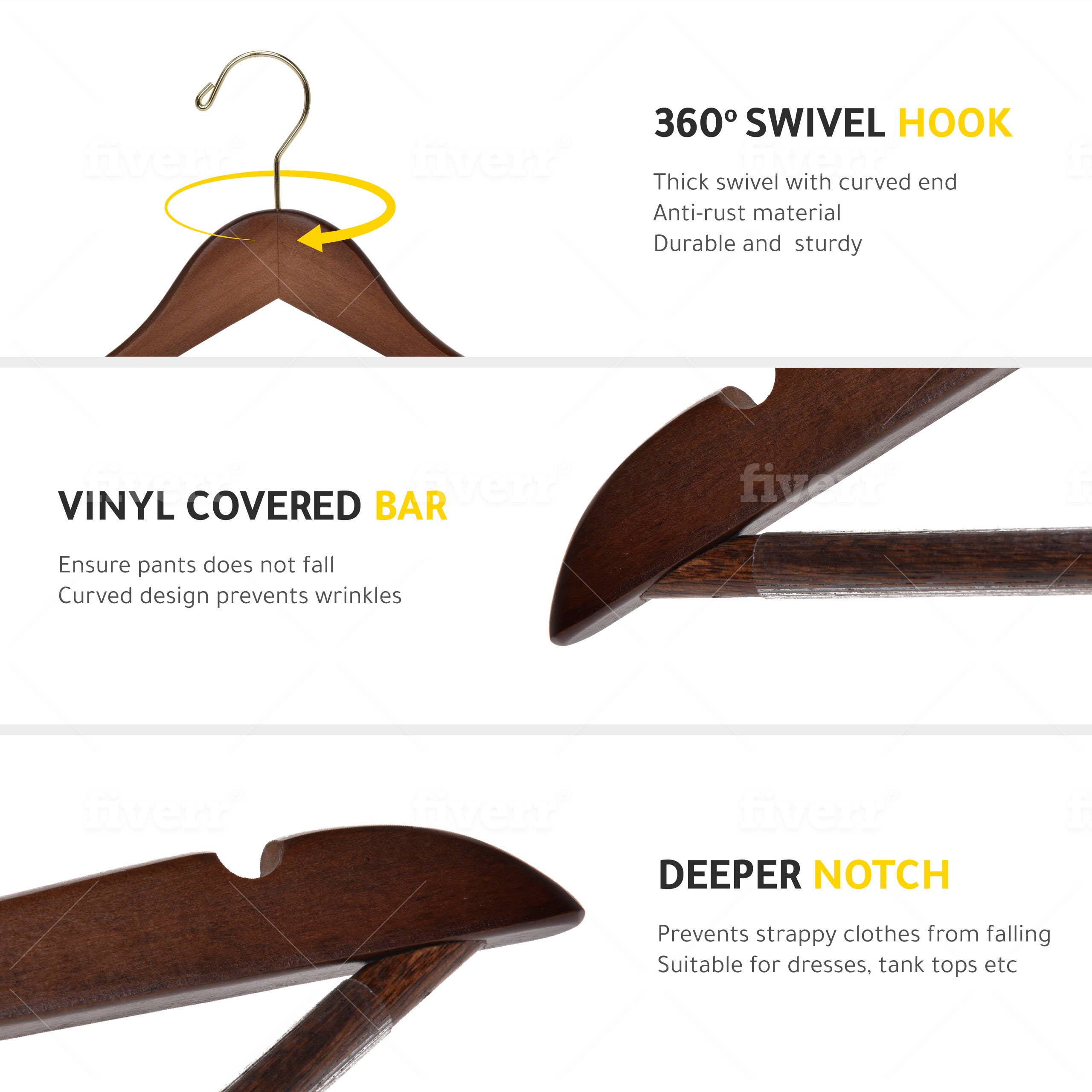 Quality Hangers - Wholesale Clothes Hangers - W010 Semi Curved Wooden Hangers, 17.5" Walnut-Gold - 90 Pcs4