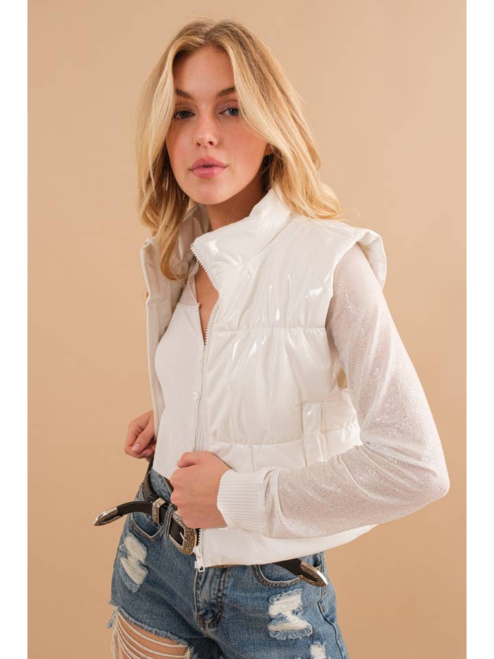 Blue B - Wholesale Outerwear Vest - Women's - 22656J - Gloss Shiny PU Quilted Puffer Zip Up Crop Vest36