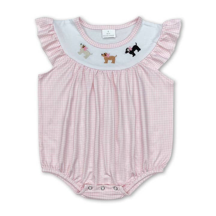 Pink flutter sleeves dog print baby girls romper for wholesale by Yawoo Garments