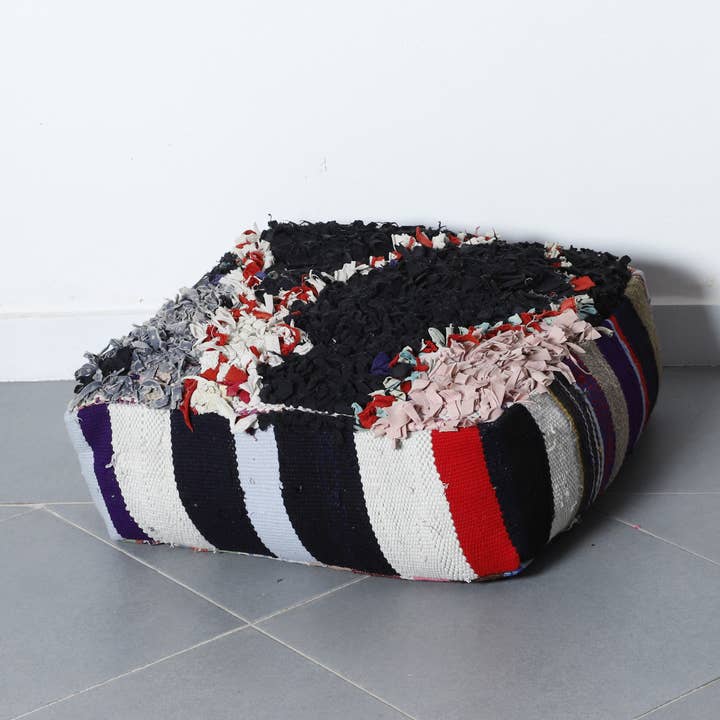Black and Multi-Color Wool Ottoman with Geometric Pattern for wholesale by MUSMUSRUGS