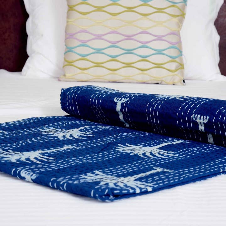 Glamthread - Wholesale Quilt - Linen Connections Handmade Indian Kantha Quilt - Palm Tree Indigo2