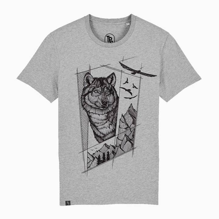 T-shirt Wolf Mountain in cotone biologico per la vendita all'ingrosso da parte di Tiny Print Shop