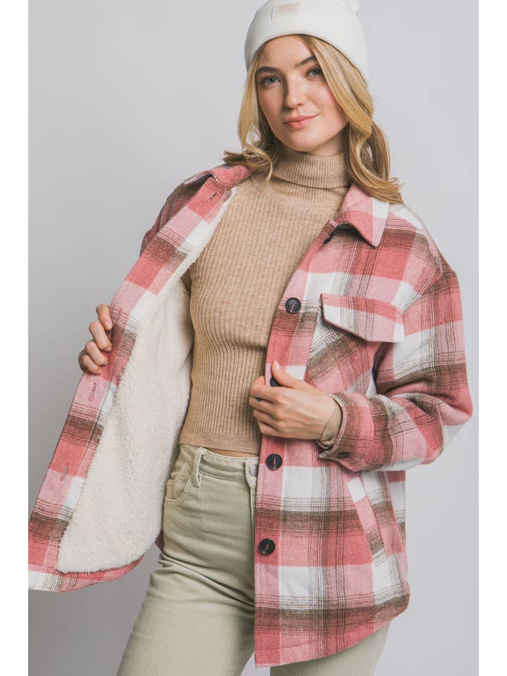 42POPS - Wholesale Jacket - Women's - ..._ 0924 Plaid Button Up Jacket with Sherpa Lining SI-288263