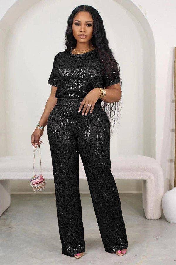 Aria Romance - Wholesale Top & Pant Set (NOT Loungewear) - Women's - Sequin Short Sleeve Two-Piece Set4