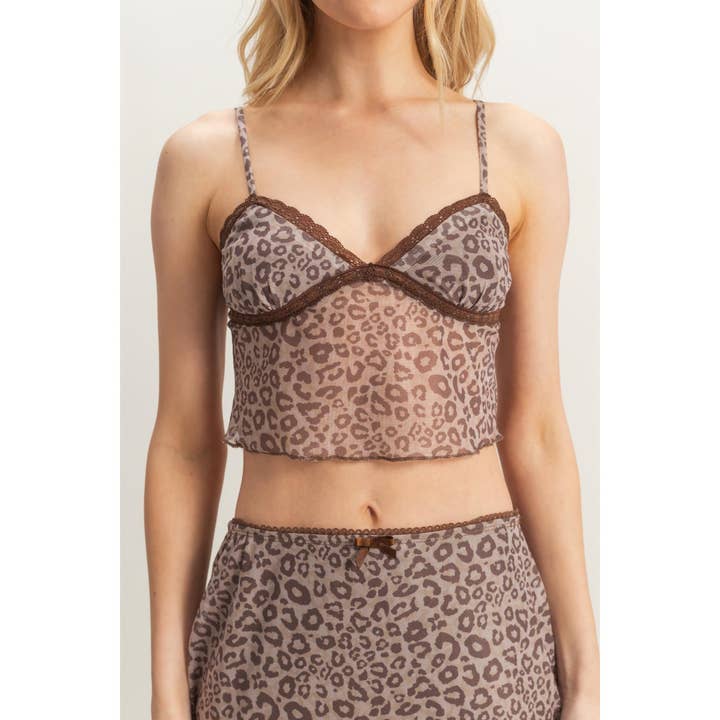 BROWN LEOPARD HF25C765-SET-Leopard Mesh Cami Top And Skirt Set for wholesale on Faire