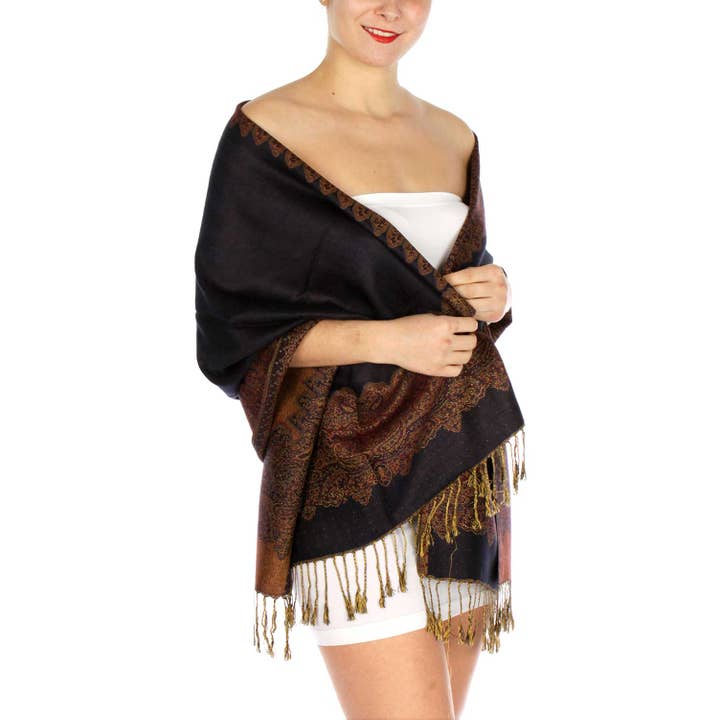 SERENITA – wholesale Scarf – Women's – Pashmina Scarf Paisley Border Reversible Wrap Wedding Shawl