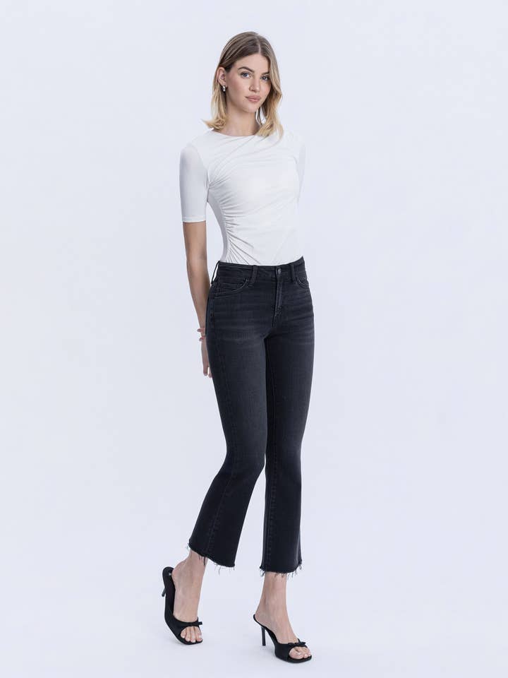 HIGH RISE RAW HEM BLACK ANKLE BOOTCUT JEANS T7123BK for wholesale by VERVET by FLYING MONKEY