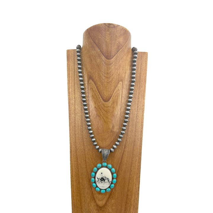 NKY250330-25 32 Zoll silberne Navajo-Perlenkette mit ovalem Western-Anhänger für den Großhandel von Western Elite Jewelry