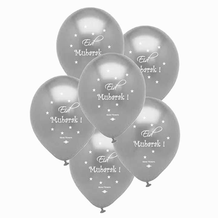 10 Large SILVER Eid Mubarak Balloons, Eid Decorations - Multi Pack - BA 07 for wholesale by Islamic Moments