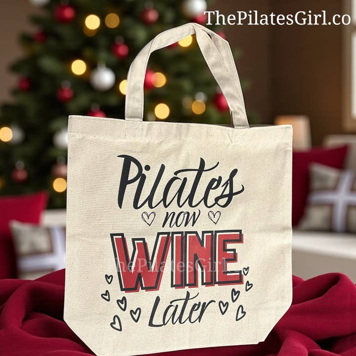 pilates now wine later tote for wholesale by PDX Flower Power