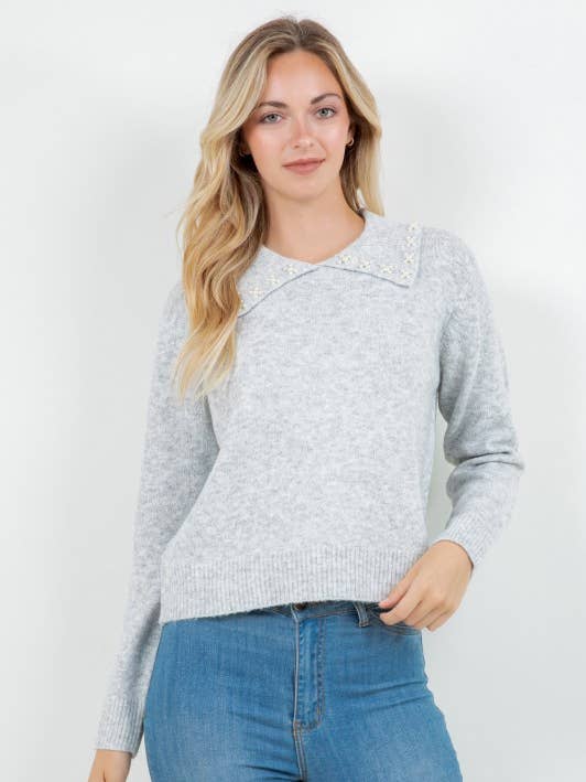 Embellished Collar Knit Sweater for wholesale by Pink Irene Wholesale