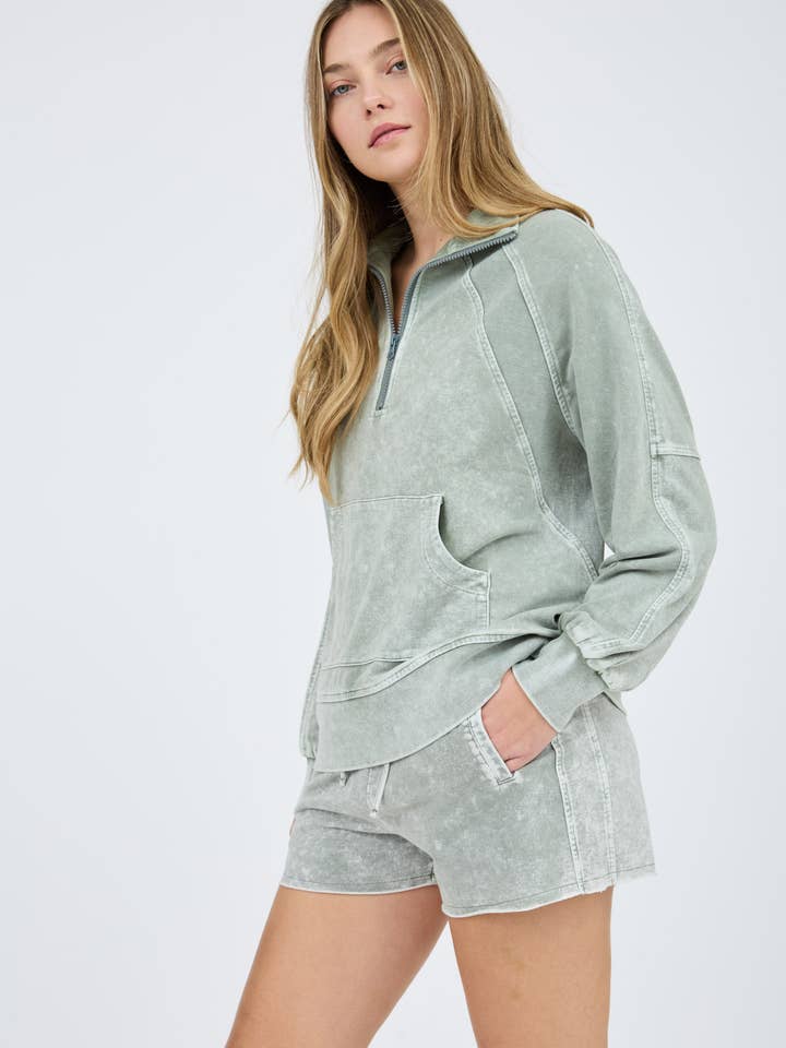 Blu Pepper - Wholesale Knit Top - Women's - WASHED HALF ZIP FRONT POCKET LONG SLEEVE KNIT TOP