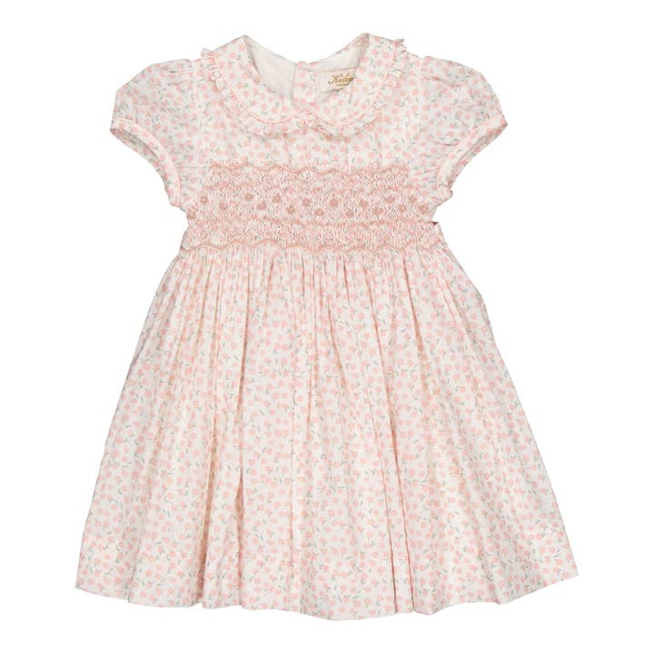 Pétronille, kjole med smocks, lyserød tusindfryd print for engroshandel hos Kidiwi handmade