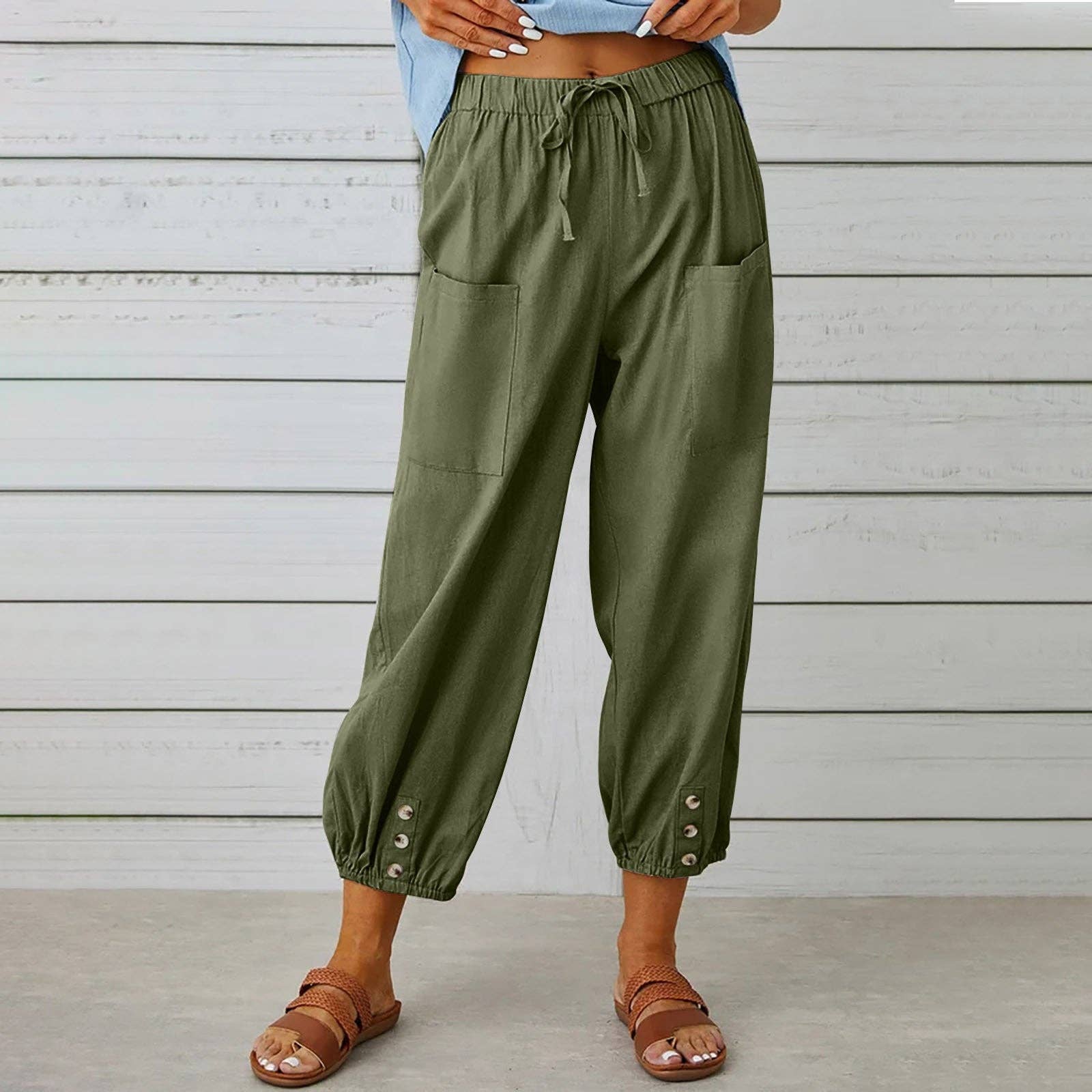 safistyle - Wholesale Pants - Women's - Loose High-Waist Buttoned Cotton Linen Wide-Leg Pants2