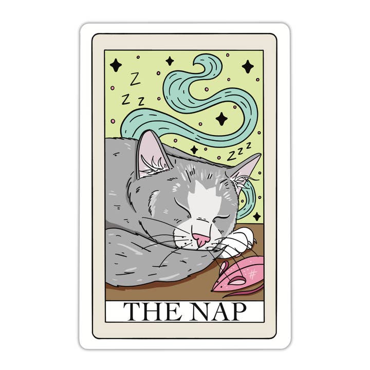 The Nap Cat Tarot Card Vinyl Sticker for wholesale by Midnight Door Studio