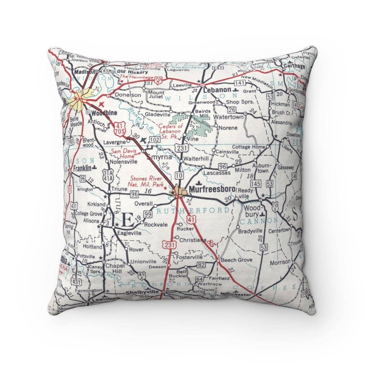 Daisy Mae Designs - Wholesale Throw/Decorative Pillow - Murfreesboro Tennessee Map Pillow – 18" Square Throw Pillow0