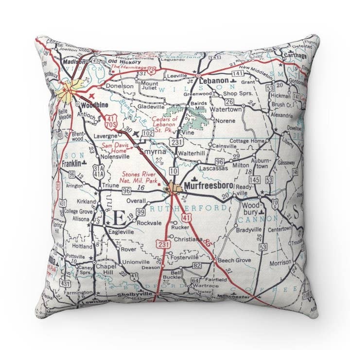Daisy Mae Designs - Wholesale Throw/Decorative Pillow - Murfreesboro Tennessee Map Pillow – 18" Square Throw Pillow0