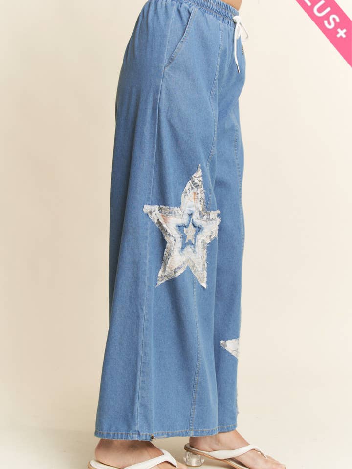 PLUS DENIM STAR PATCHWORK ELASTIC WAISTBAND PANTS for wholesale by Davi & Dani