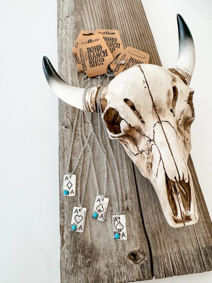 Western Card Necklace - diamond clover heart spade for wholesale by Boho Ranch Shop
