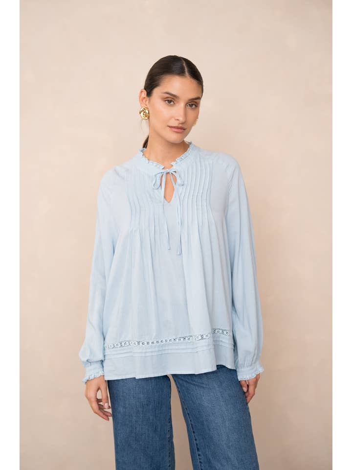 Attentif Paris - Vente Chemisier – femme - Blouse contenant du lin avec col volanté et noeud