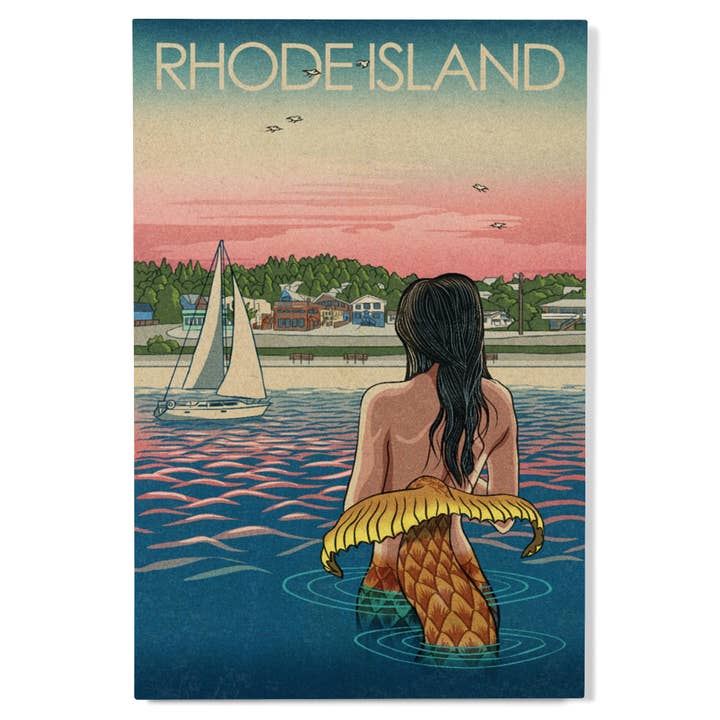 INSEGNA IN LEGNO PREMIUM Rhode Island, Sirena & Spiaggia per la vendita all'ingrosso da parte di Lantern Press