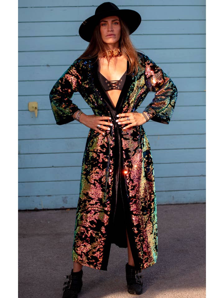 Festivo kimonos – Kimono - Mulher por atacado – Kimono de veludo iridescente com paetês flip flop2