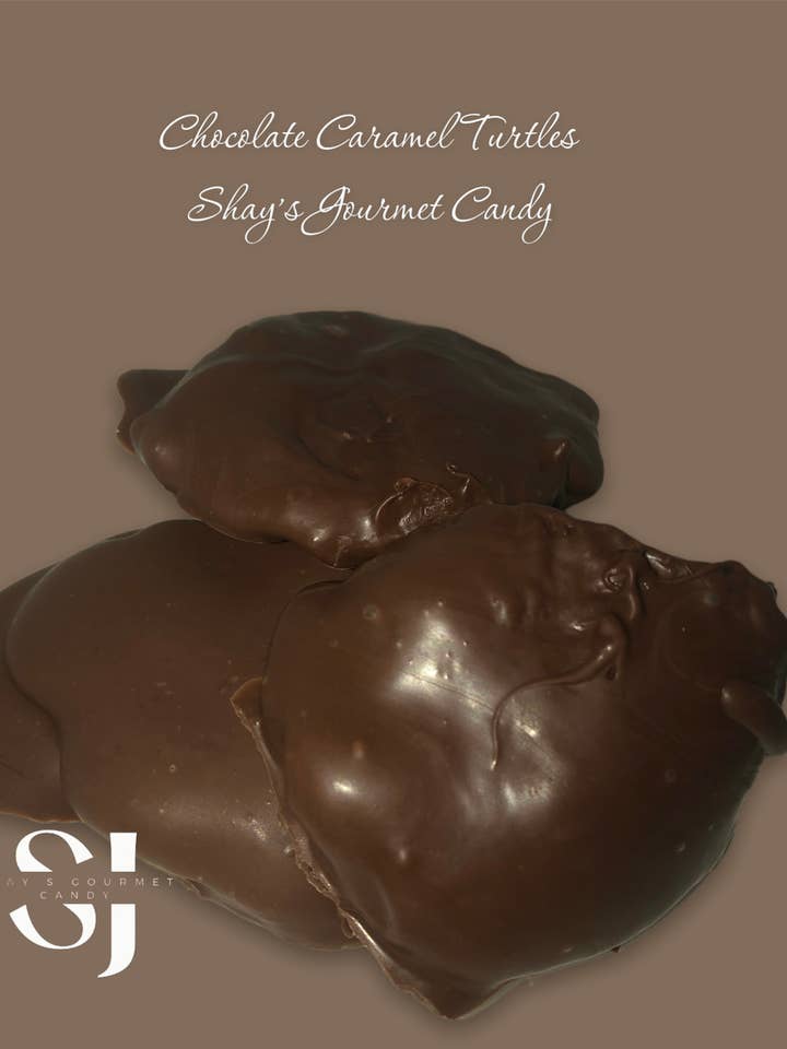Tortues enrobées de chocolat pour la vente par Shay's Gourmet Candy