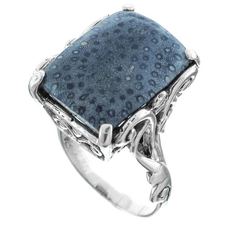 Anillo de plata de ley 925 con raro coral azul genuino, talla 8. para venta al por mayor de FifiRose