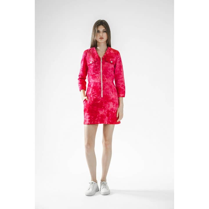 Pink Snow Wash Denim Long-Sleeve Mini Dress for wholesale by VUDECO