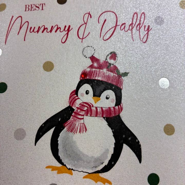 White Cotton Cards – wholesale Christmas card – Mummy & Daddy - Penguin (Dotty) (C25-D36)1